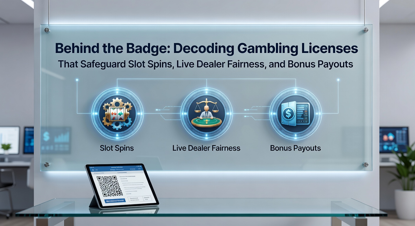 A gleaming badge emblem symbolizing a gambling license, with icons of slot reels, a live dealer table, and payout chips glowing behind it