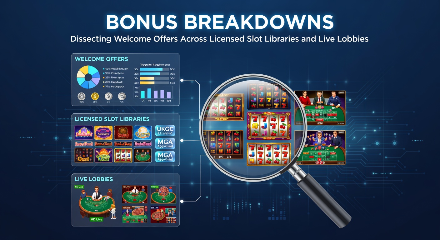 Colorful graphic illustrating slot reels spinning alongside live dealer tables with bonus icons overlayed, highlighting welcome offer structures in licensed casinos