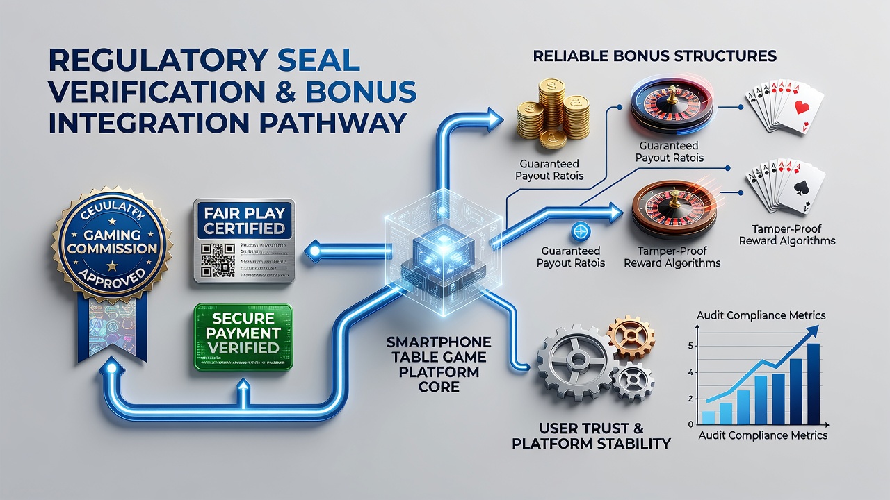 Smartphone displaying certified table games with visible regulatory seals and bonus details