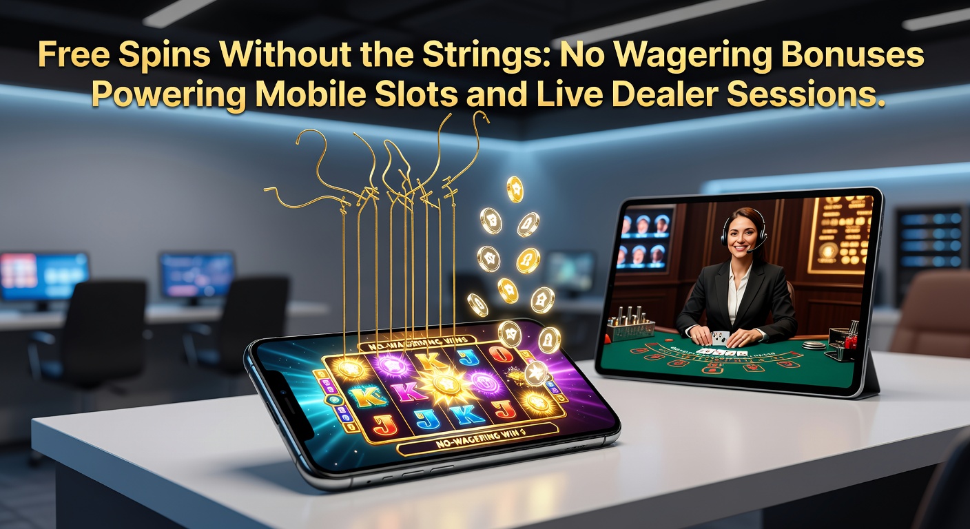 Vibrant mobile slot screen bursting with free spins icons and no-wager bonus highlights