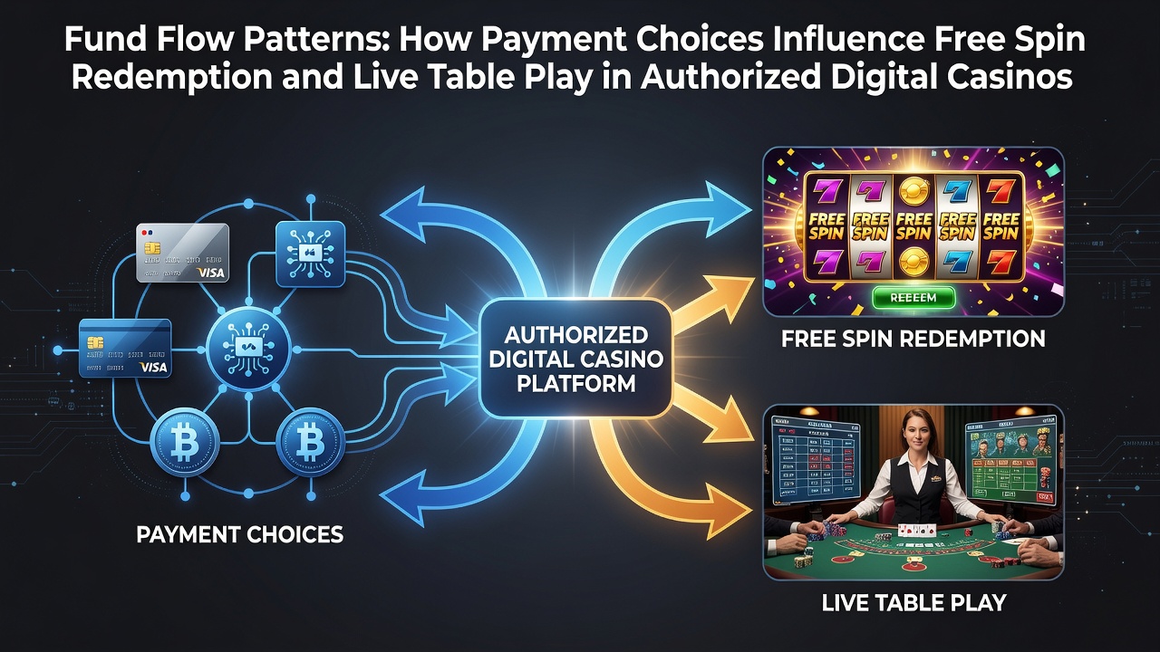 Digital transaction flows connecting payment options to bonus features and live table sessions in regulated casino platforms