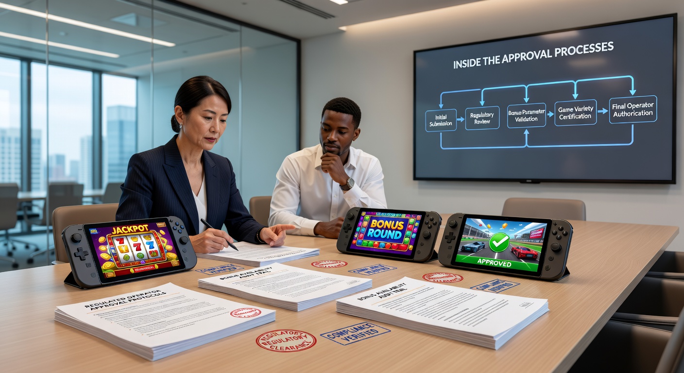 Regulatory approval flowchart showing steps for mobile bonus and game certification on handheld devices