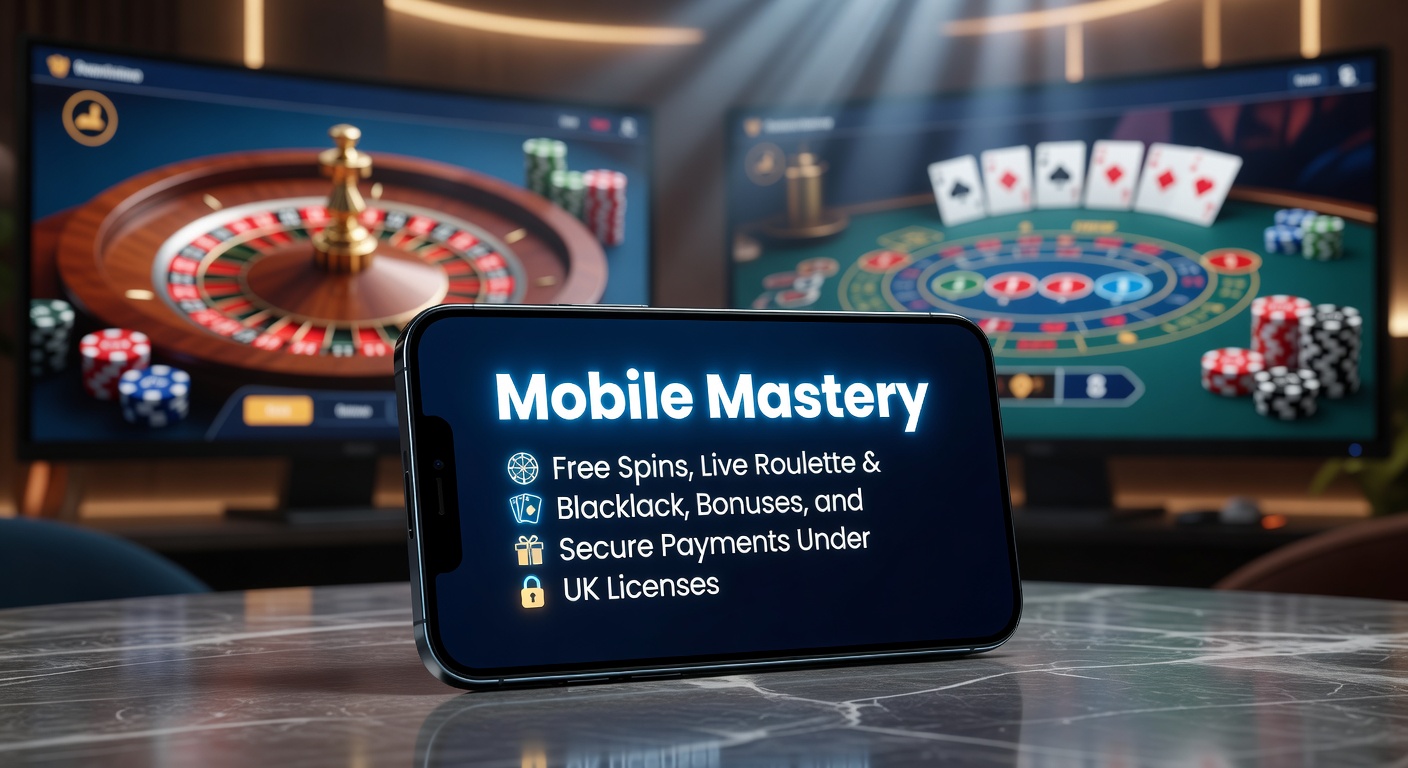 Smartphone screen displaying vibrant mobile casino interface with spinning slots, live roulette wheel, and blackjack table under UK license badge
