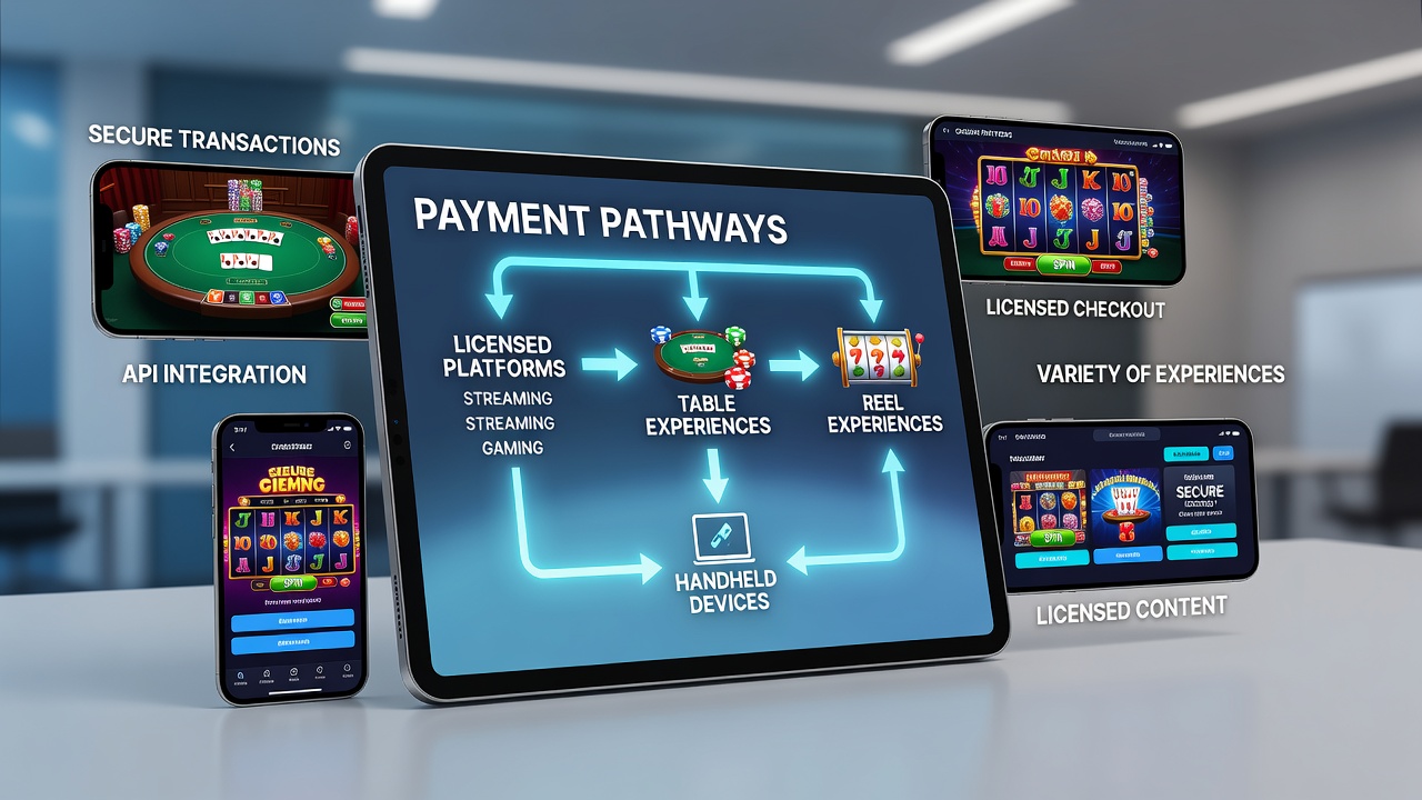 Screenshot showing mobile app interface with payment options leading into live table games and slot reels on a handheld device