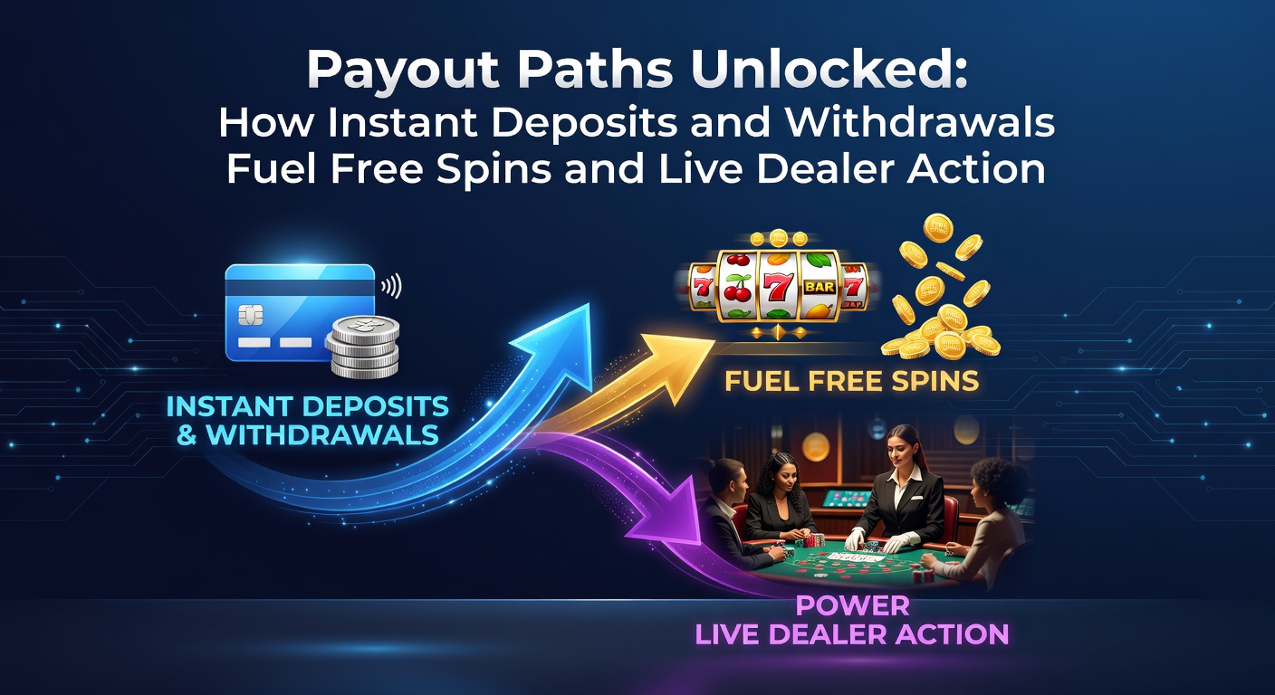 Dynamic graphic showing lightning-fast deposit and withdrawal flows connecting to spinning slots and live dealer tables in an online casino environment