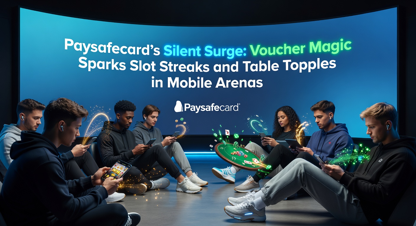 Mobile phone showing Paysafecard deposit confirmation alongside a live blackjack table and slot win animation, illustrating real-time gaming integration