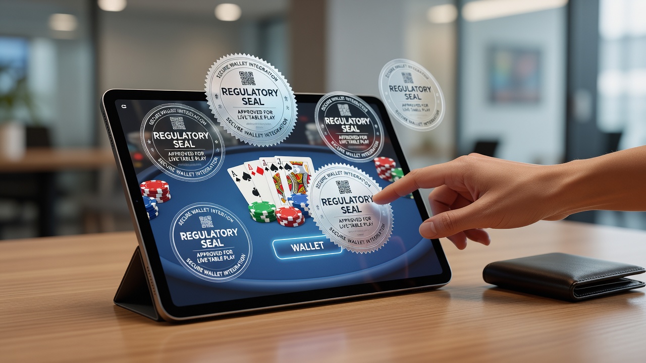 Close-up of smartphone screen showing live roulette wheel alongside verified e-wallet logos and security seals