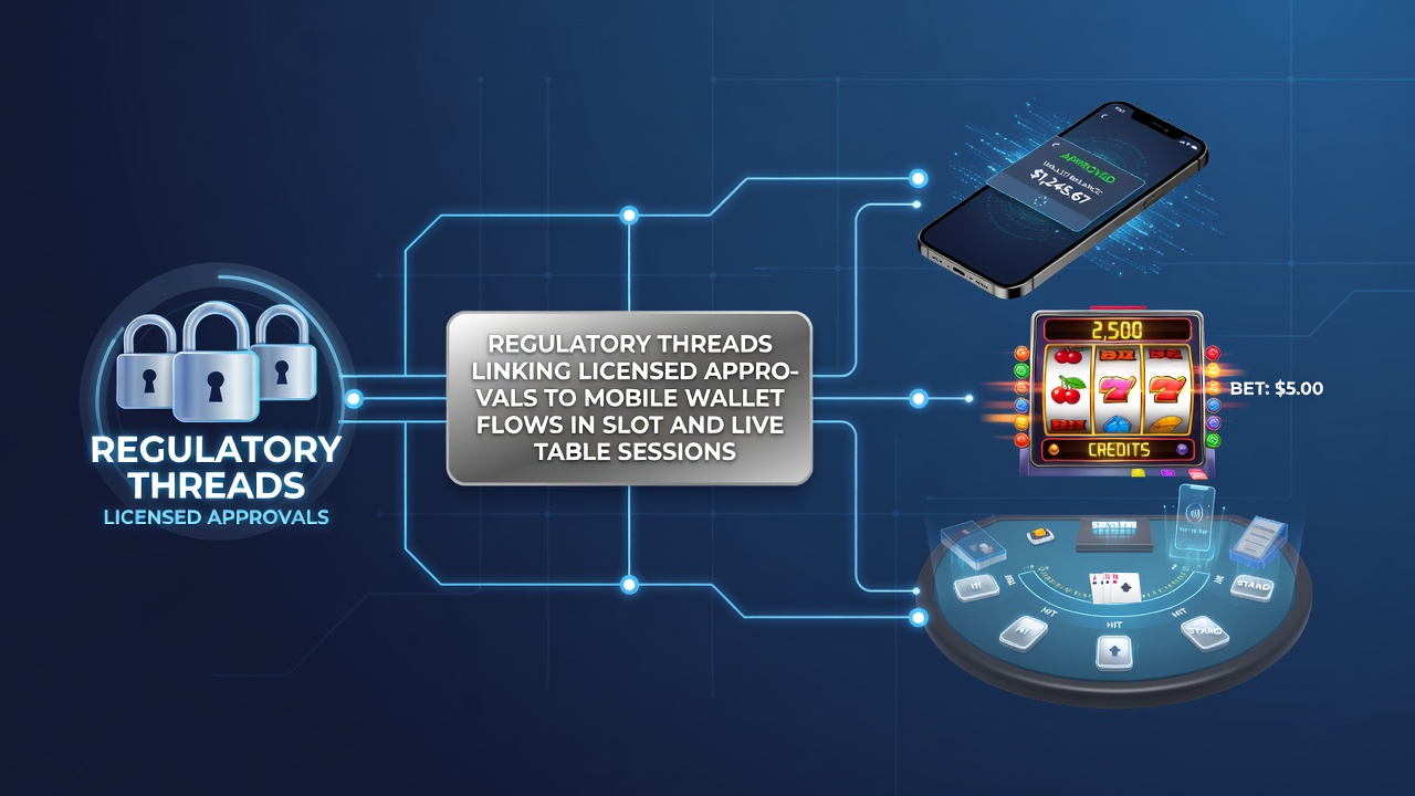 Diagram showing mobile wallet data flows synchronized with licensed slot and live table platforms