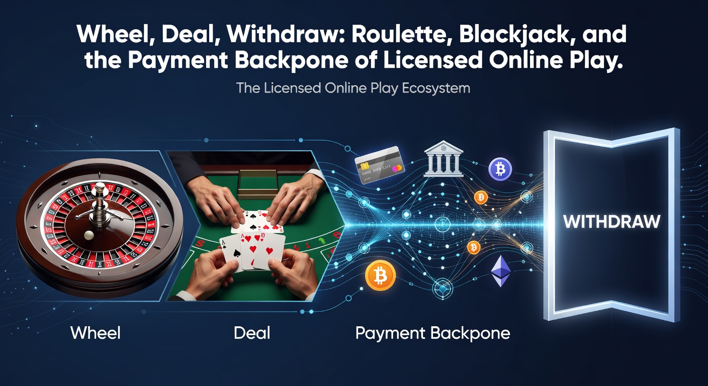 Dynamic blackjack table on a digital screen with cards dealt, chips stacked, and glowing payment gateway symbols illustrating secure withdrawals in online play
