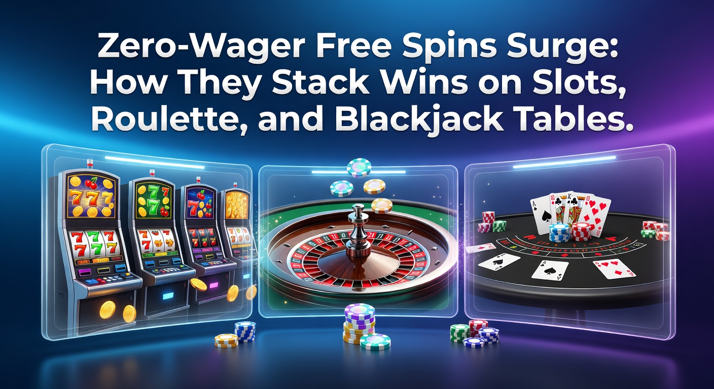 Vibrant casino scene showing free spins activating wins on slot machines, roulette tables, and blackjack cards without wagering hurdles