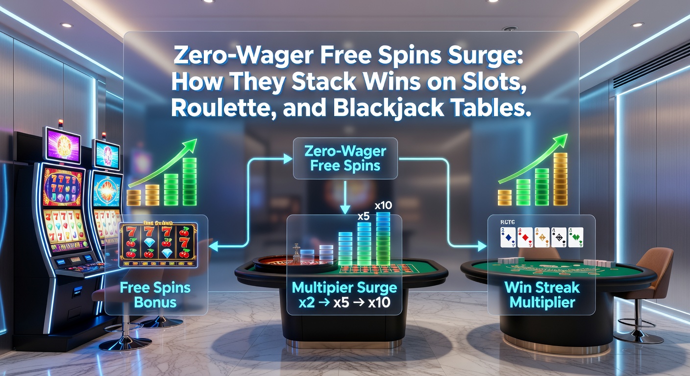 Dynamic graphic depicting zero-wager wins cascading from roulette spins, blackjack hands, and slot reels in a seamless casino flow